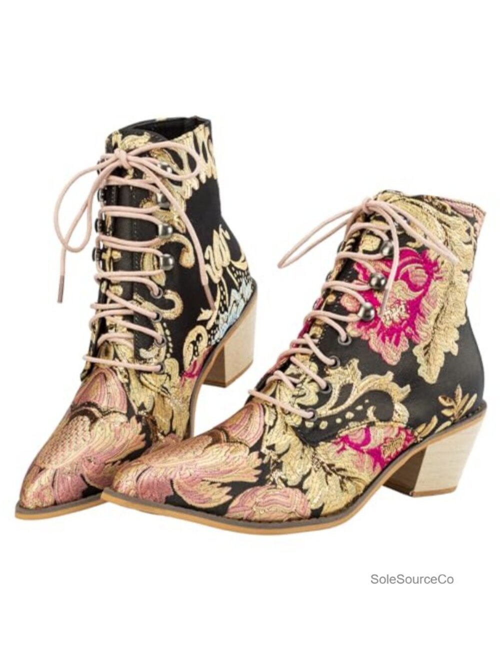 Gets Vintage Floral Embroidered Lace Up Block Heel Cowboy Ankle Booties